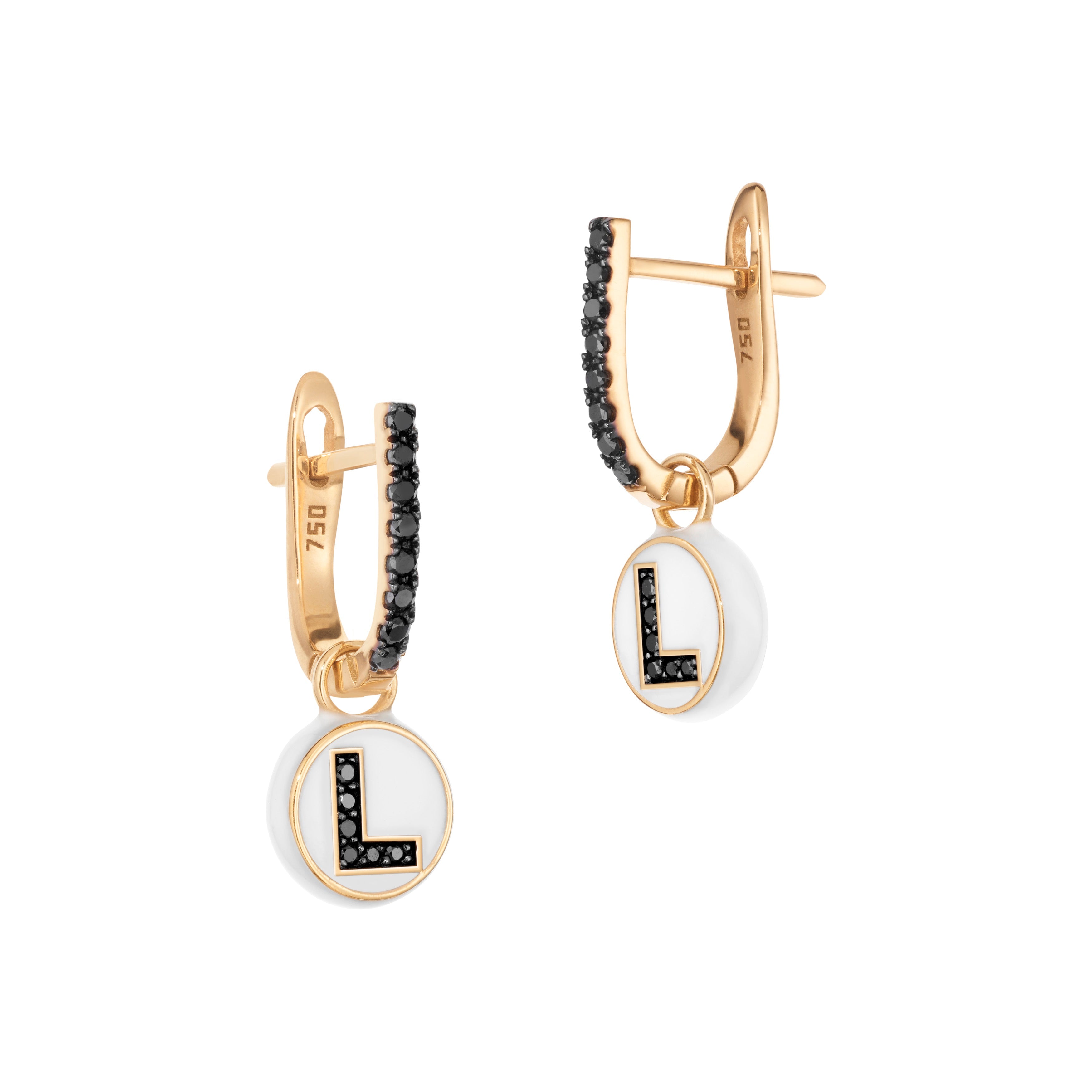 Black diamond pave huggies with letter bead